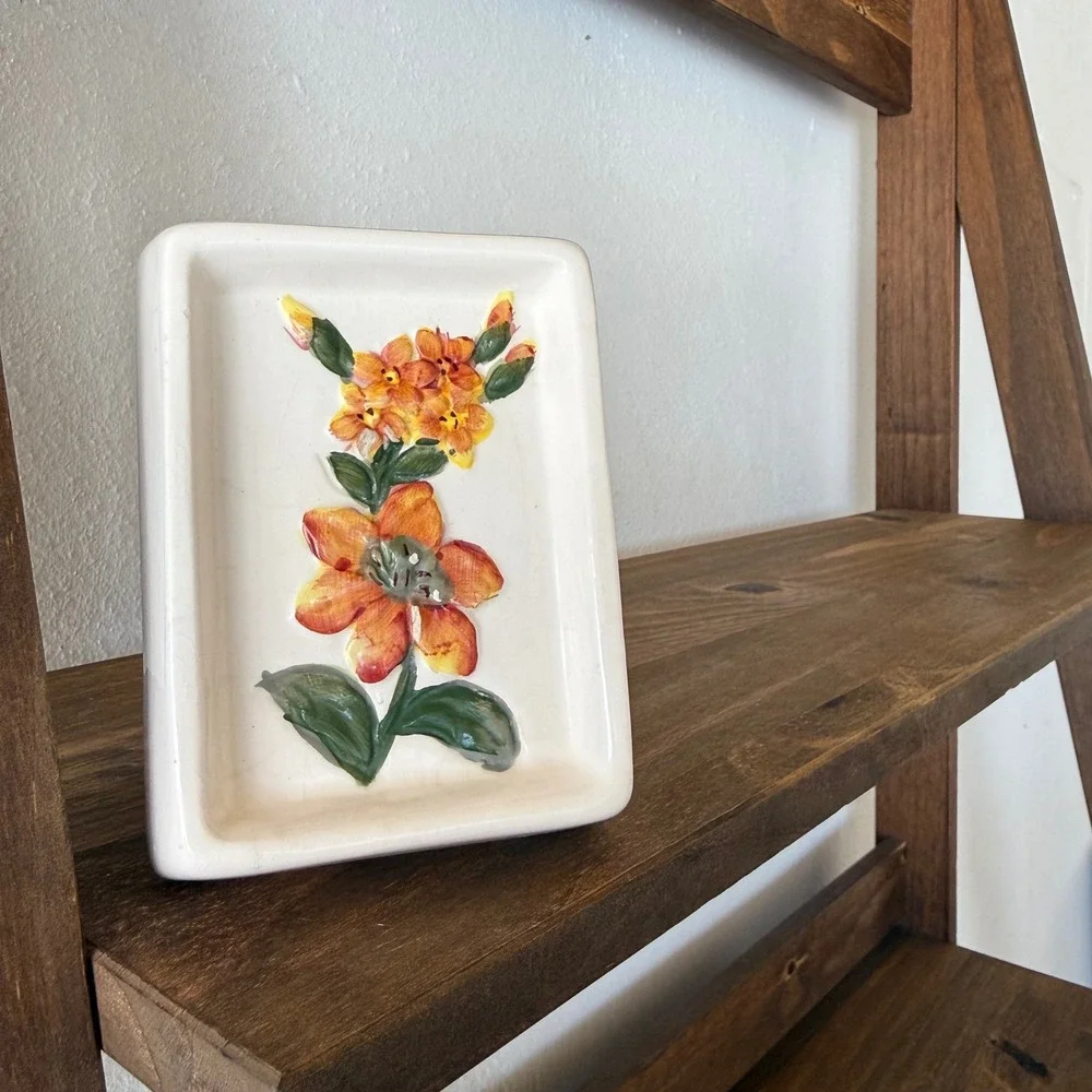 Vintage Hand Painted Ceramic Floral Soap Dish Raised Flowers Cottage Decor